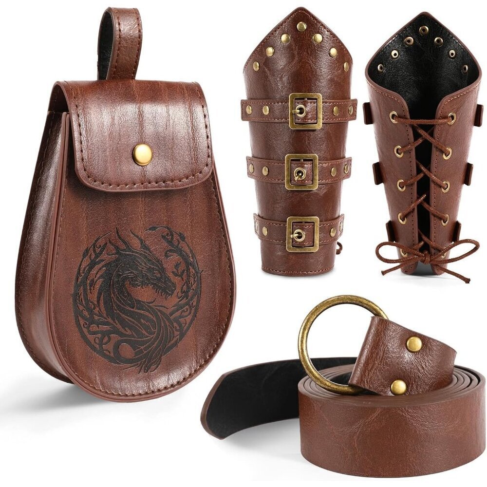 4PCS Renaissance Accessories Leather Belt Bracers Pouch Medieval Cosplay